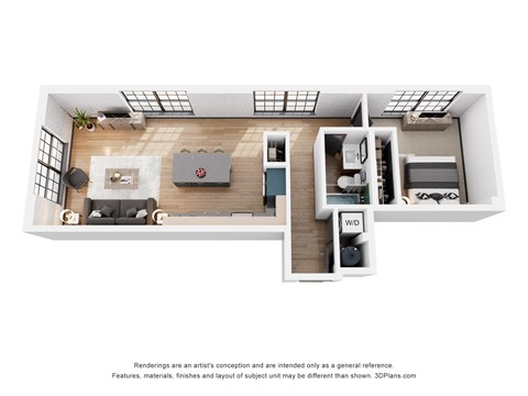 A 3D floor plan of a small apartment with a kitchen, living room, and bedroom.
